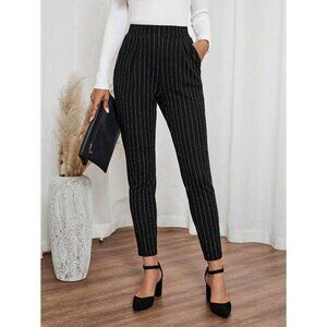 Black Pinstripe Trousers High Waist Slim Fit w/ pockets Business Minimalist